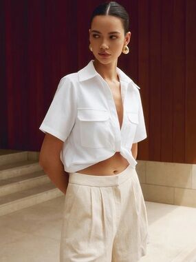 Commense Cropped White Cotton & Linen Button Front Shirt